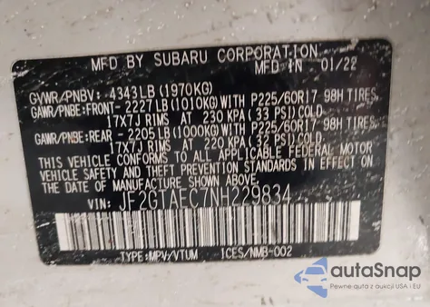 2022 Subaru Crosstrek Premium z USA, uszkodzony, nr VIN JF2GTAEC7NH229834